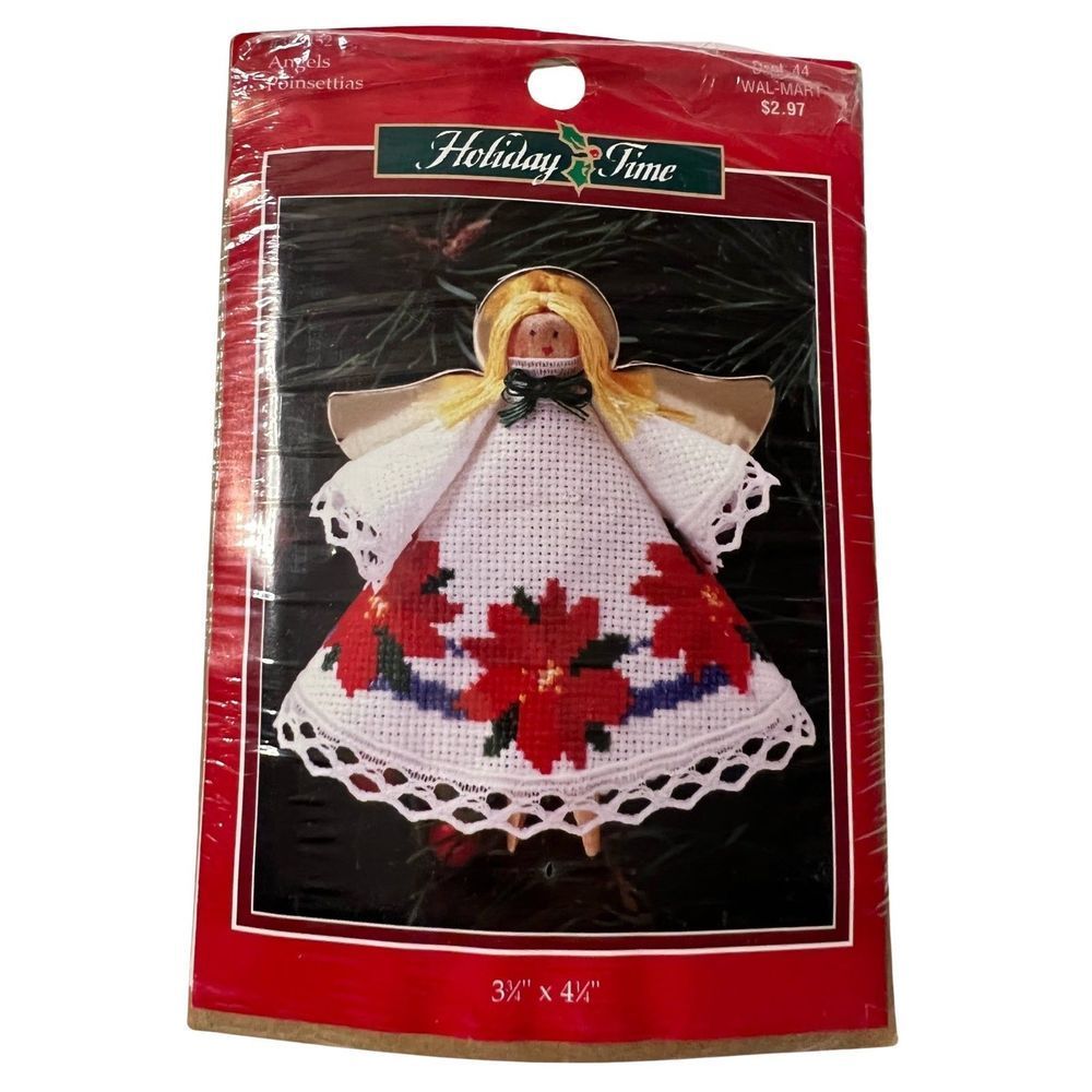 VINTAGE 1990s Walmart Dept. 44 Holiday Time Angel Poinsettia 351452 Cross Stitch